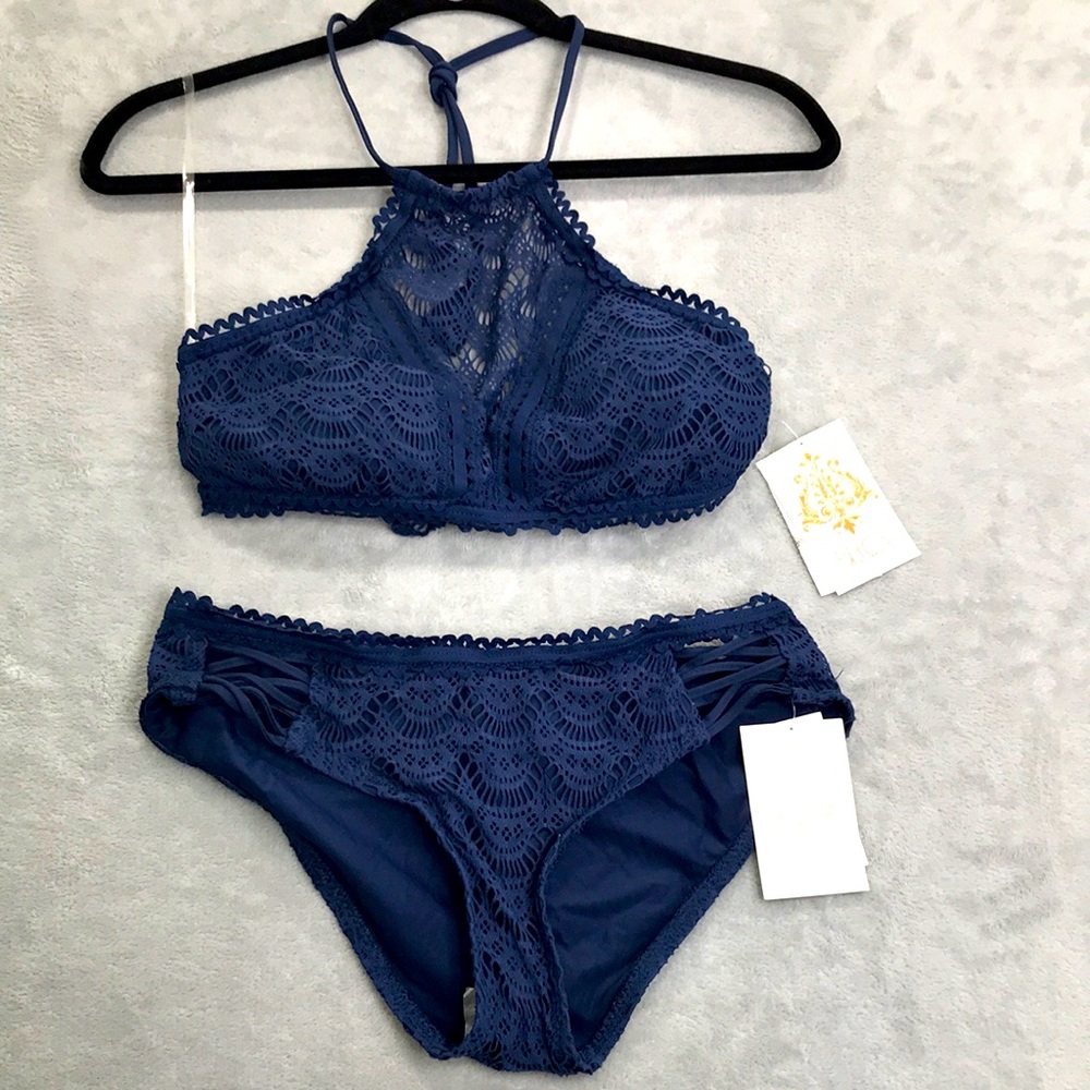Becca Navy Blue Hi-Neck Bikini Top With matching Bottom L/M New